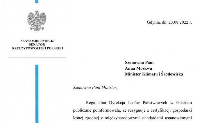 Interwencja senatora w sprawie rezygnacji z certyfikatu FSC przez Regionalną Dyrekcję Lasów Państwowych w Gdańsku